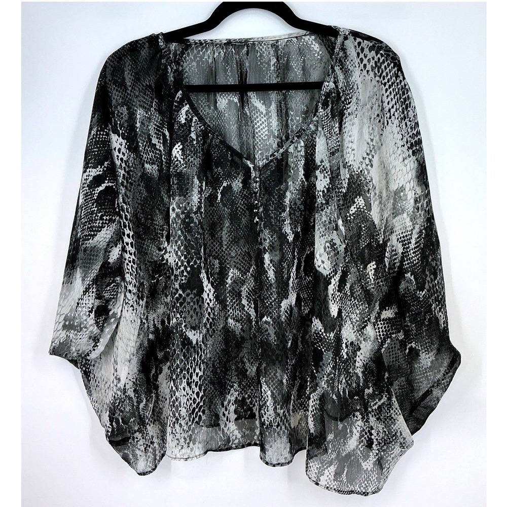 Sheer Black Gray Snakeskin Print V‎ Neck Button Front Blouse Edgy Fairy Grunge